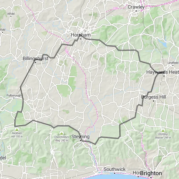 Map miniature of "Steyning and Sharpenhurst Hill Road Challenge" cycling inspiration in Surrey, East and West Sussex, United Kingdom. Generated by Tarmacs.app cycling route planner