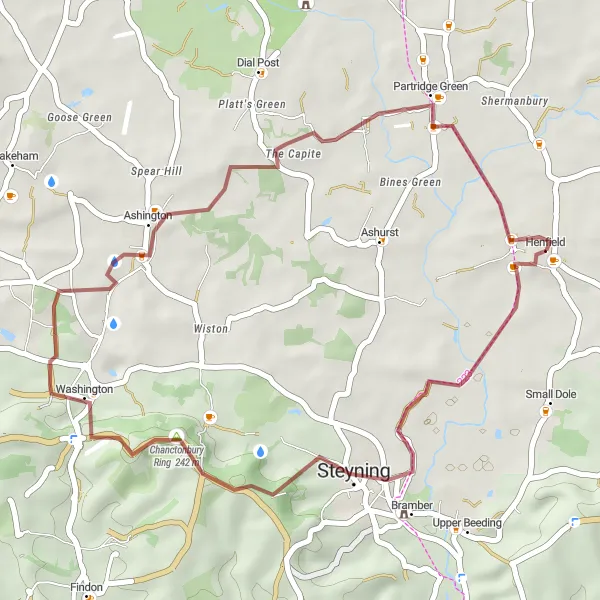 Map miniature of "The Henfield Gravel Adventure" cycling inspiration in Surrey, East and West Sussex, United Kingdom. Generated by Tarmacs.app cycling route planner