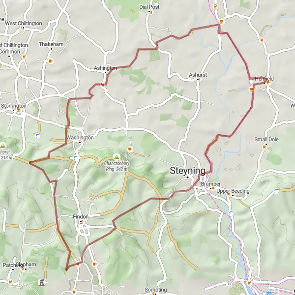 Map miniature of "Partridge Green Gravel Adventure" cycling inspiration in Surrey, East and West Sussex, United Kingdom. Generated by Tarmacs.app cycling route planner