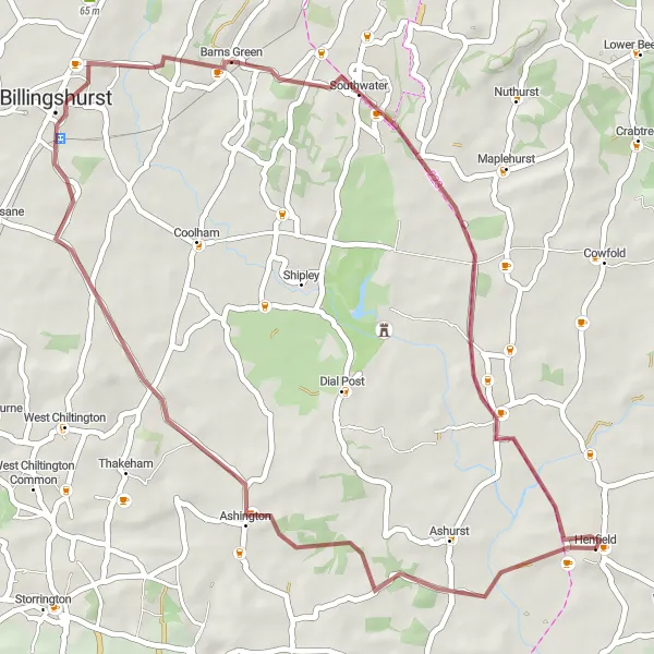 Map miniature of "The Peaceful Southwater Loop" cycling inspiration in Surrey, East and West Sussex, United Kingdom. Generated by Tarmacs.app cycling route planner