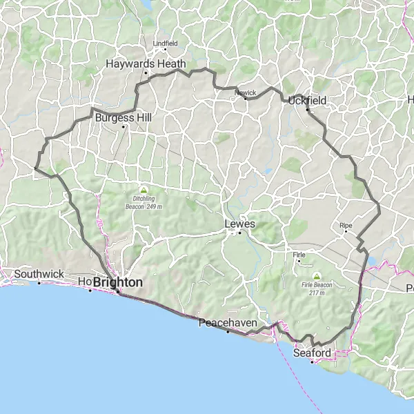 Map miniature of "The Sussex Epic" cycling inspiration in Surrey, East and West Sussex, United Kingdom. Generated by Tarmacs.app cycling route planner