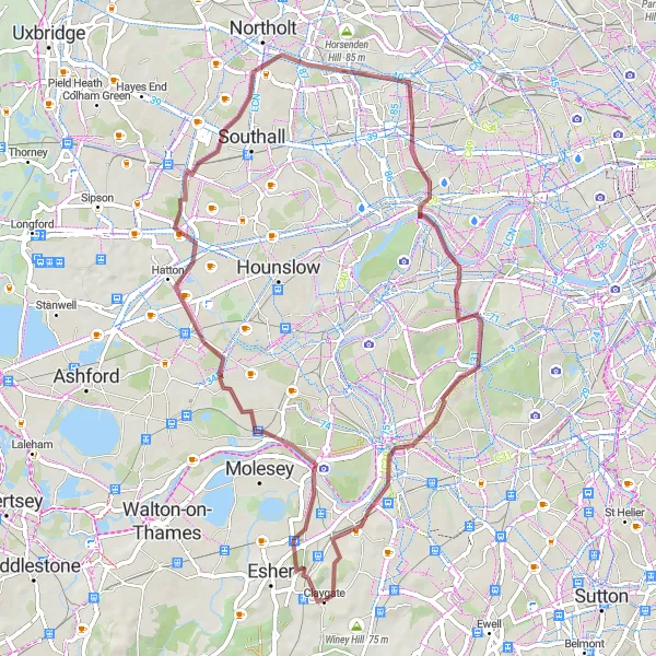 Map miniature of "Surrey Gravel Ride" cycling inspiration in Surrey, East and West Sussex, United Kingdom. Generated by Tarmacs.app cycling route planner