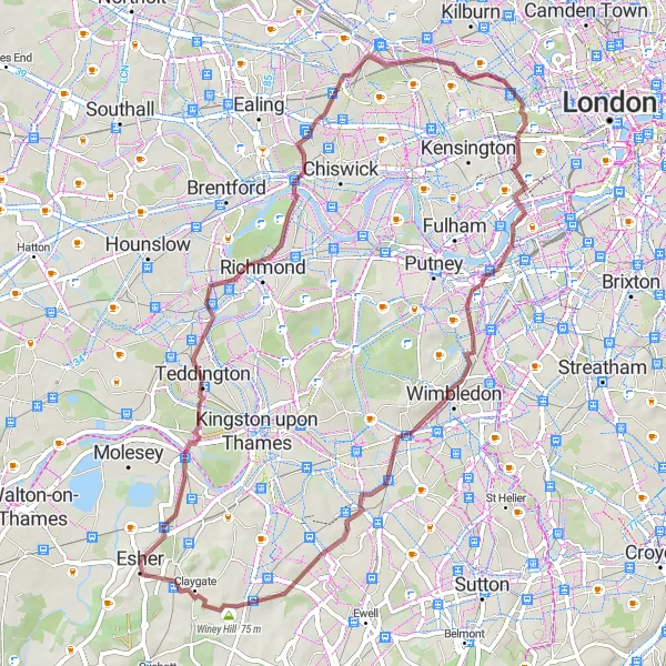 Map miniature of "Surrey and Greater London Gravel Loop" cycling inspiration in Surrey, East and West Sussex, United Kingdom. Generated by Tarmacs.app cycling route planner