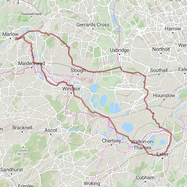 Map miniature of "Riverside Gravel Trail" cycling inspiration in Surrey, East and West Sussex, United Kingdom. Generated by Tarmacs.app cycling route planner