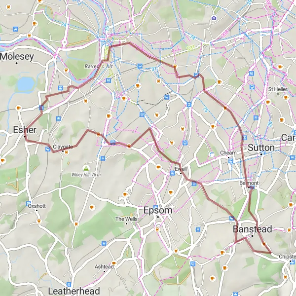 Map miniature of "Hinchley Wood Gravel Adventure" cycling inspiration in Surrey, East and West Sussex, United Kingdom. Generated by Tarmacs.app cycling route planner