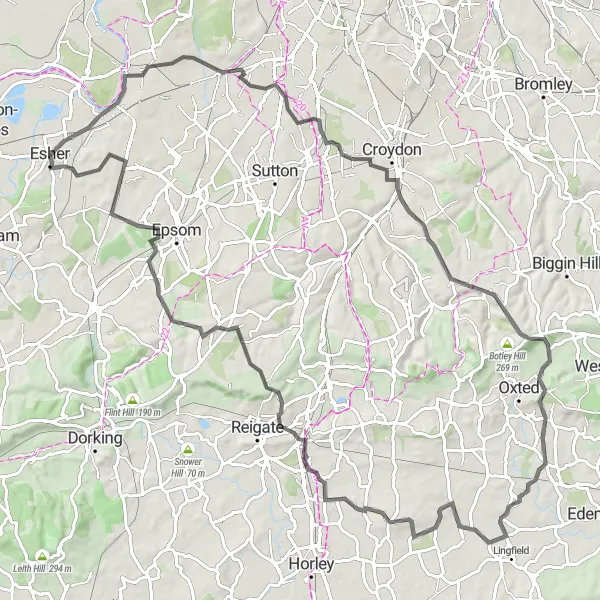 Map miniature of "Esher and Surroundings" cycling inspiration in Surrey, East and West Sussex, United Kingdom. Generated by Tarmacs.app cycling route planner