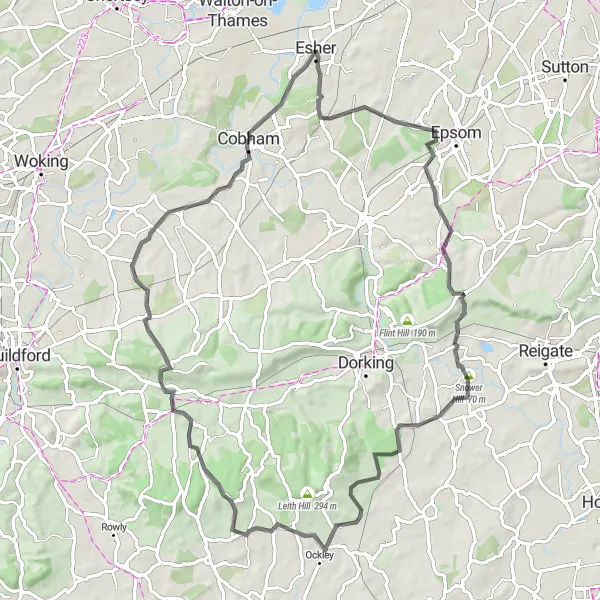 Map miniature of "Surrey Hills Adventure" cycling inspiration in Surrey, East and West Sussex, United Kingdom. Generated by Tarmacs.app cycling route planner