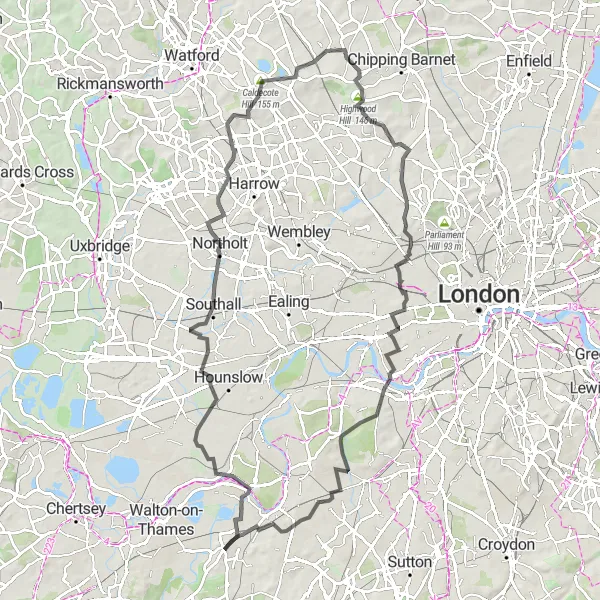 Map miniature of "Surrey to London Adventure" cycling inspiration in Surrey, East and West Sussex, United Kingdom. Generated by Tarmacs.app cycling route planner