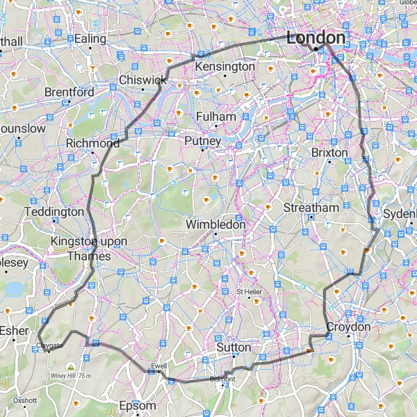 Map miniature of "Sussex Road Challenge" cycling inspiration in Surrey, East and West Sussex, United Kingdom. Generated by Tarmacs.app cycling route planner