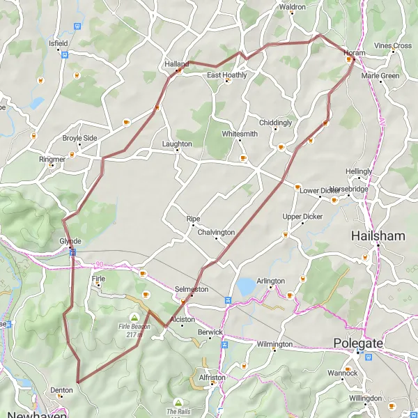 Map miniature of "Horam and Glynde Gravel Route" cycling inspiration in Surrey, East and West Sussex, United Kingdom. Generated by Tarmacs.app cycling route planner