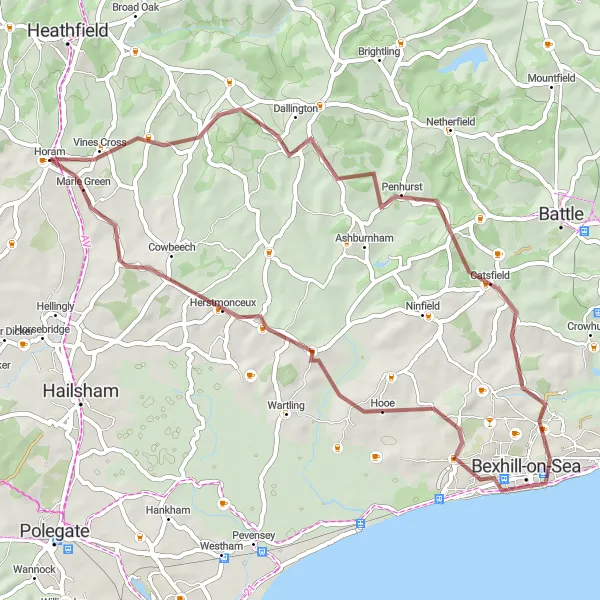 Map miniature of "Charming Gravel Trails" cycling inspiration in Surrey, East and West Sussex, United Kingdom. Generated by Tarmacs.app cycling route planner