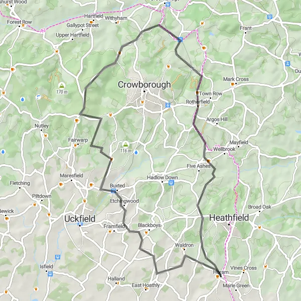 Map miniature of "Scenic Road Escape" cycling inspiration in Surrey, East and West Sussex, United Kingdom. Generated by Tarmacs.app cycling route planner