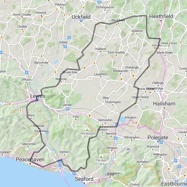 Map miniature of "Surrey Countryside Escape" cycling inspiration in Surrey, East and West Sussex, United Kingdom. Generated by Tarmacs.app cycling route planner