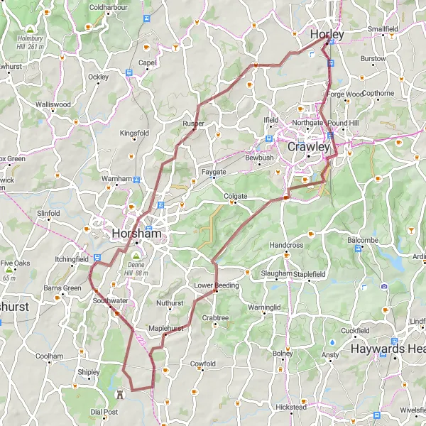 Map miniature of "Lower Beeding Gravel Adventure" cycling inspiration in Surrey, East and West Sussex, United Kingdom. Generated by Tarmacs.app cycling route planner