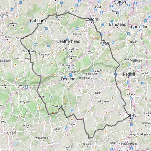 Map miniature of "Leith Hill Challenge" cycling inspiration in Surrey, East and West Sussex, United Kingdom. Generated by Tarmacs.app cycling route planner