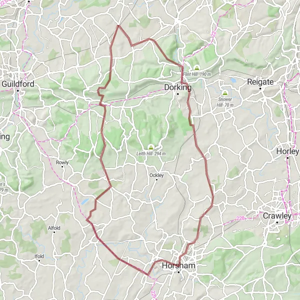 Map miniature of "Gomshall and London Gravel Adventure" cycling inspiration in Surrey, East and West Sussex, United Kingdom. Generated by Tarmacs.app cycling route planner