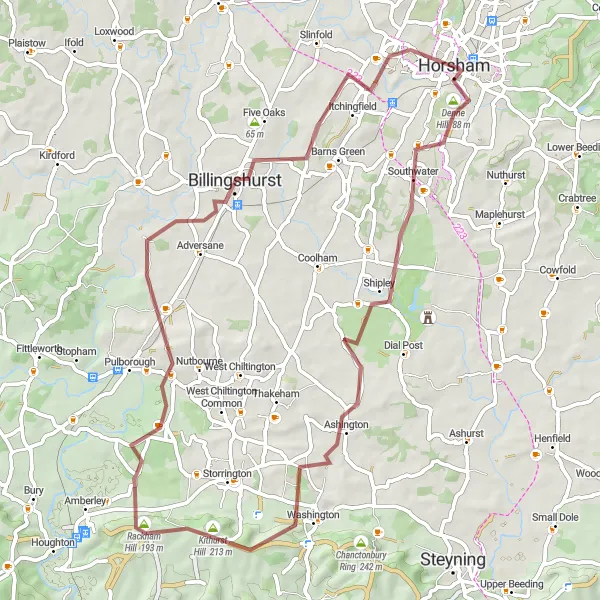 Map miniature of "Gravel Exploration in Surrey Hills" cycling inspiration in Surrey, East and West Sussex, United Kingdom. Generated by Tarmacs.app cycling route planner