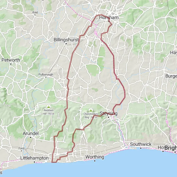 Map miniature of "Llama Lookout and Steyning Gravel Loop" cycling inspiration in Surrey, East and West Sussex, United Kingdom. Generated by Tarmacs.app cycling route planner