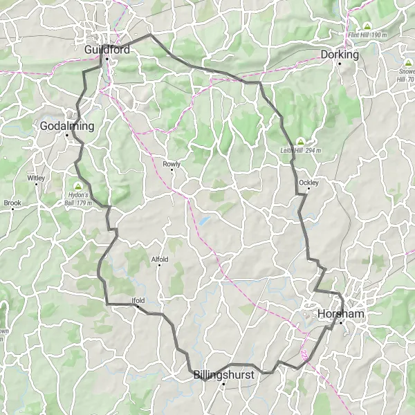 Map miniature of "Denne Hill and Guildford Road Challenge" cycling inspiration in Surrey, East and West Sussex, United Kingdom. Generated by Tarmacs.app cycling route planner