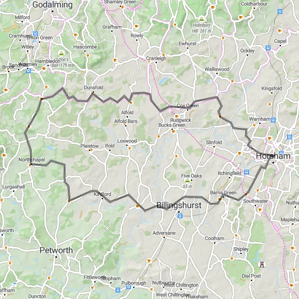 Map miniature of "Denne Hill and Billingshurst Road Loop" cycling inspiration in Surrey, East and West Sussex, United Kingdom. Generated by Tarmacs.app cycling route planner