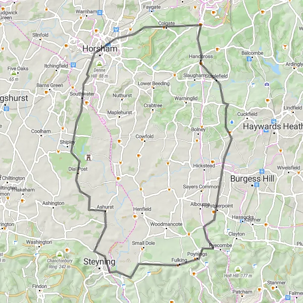 Map miniature of "Surrey's Scenic Road Trip" cycling inspiration in Surrey, East and West Sussex, United Kingdom. Generated by Tarmacs.app cycling route planner