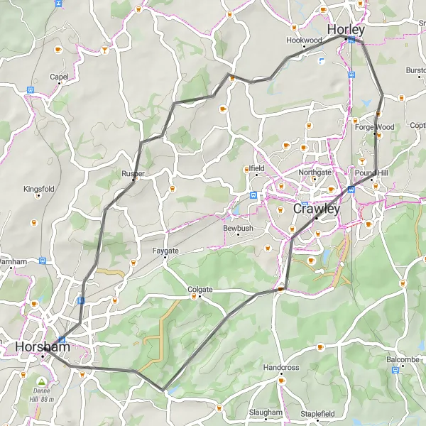 Map miniature of "Enchanting Crawley Road Ride" cycling inspiration in Surrey, East and West Sussex, United Kingdom. Generated by Tarmacs.app cycling route planner