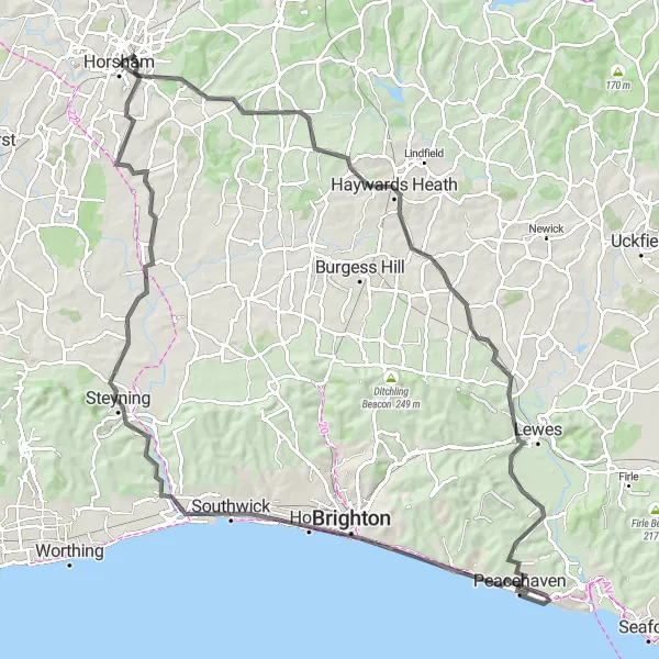 Map miniature of "The Ultimate Sussex Challenge" cycling inspiration in Surrey, East and West Sussex, United Kingdom. Generated by Tarmacs.app cycling route planner