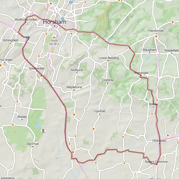 Map miniature of "Partridge Green and Llama Lookout Gravel Adventure" cycling inspiration in Surrey, East and West Sussex, United Kingdom. Generated by Tarmacs.app cycling route planner