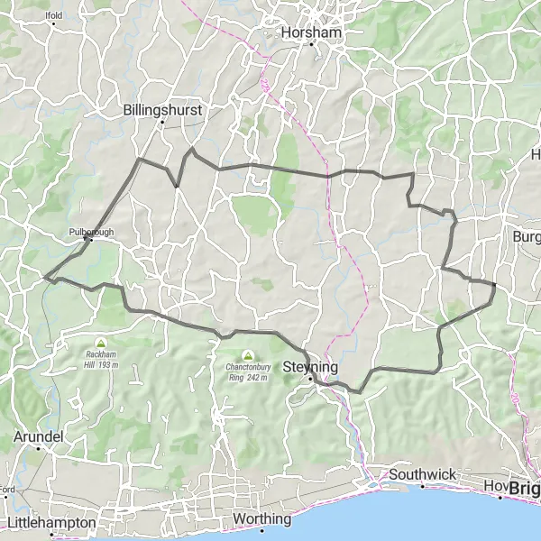 Map miniature of "The Road Explorer" cycling inspiration in Surrey, East and West Sussex, United Kingdom. Generated by Tarmacs.app cycling route planner