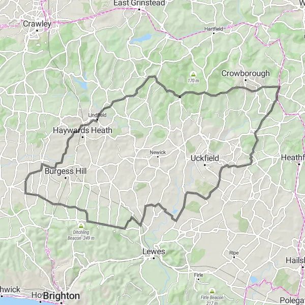 Map miniature of "The Ultimate Road Challenge" cycling inspiration in Surrey, East and West Sussex, United Kingdom. Generated by Tarmacs.app cycling route planner