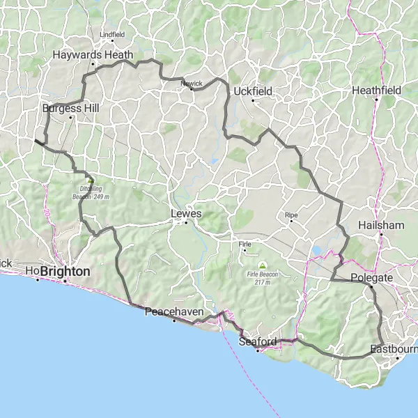 Map miniature of "Picturesque Road Cycling - Hurstpierpoint to Rottingdean" cycling inspiration in Surrey, East and West Sussex, United Kingdom. Generated by Tarmacs.app cycling route planner