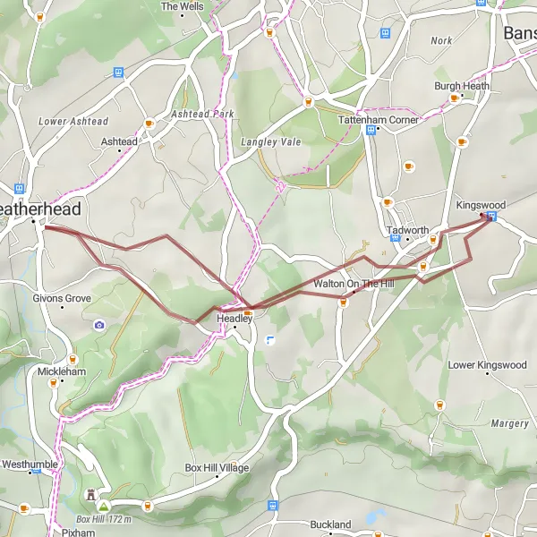 Map miniature of "Kingswood Gravel Loop" cycling inspiration in Surrey, East and West Sussex, United Kingdom. Generated by Tarmacs.app cycling route planner