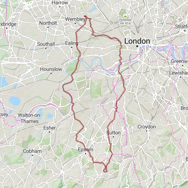 Map miniature of "Gravel Delight" cycling inspiration in Surrey, East and West Sussex, United Kingdom. Generated by Tarmacs.app cycling route planner