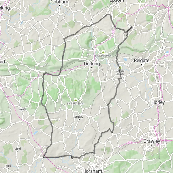 Map miniature of "Surrey Hills Road Challenge" cycling inspiration in Surrey, East and West Sussex, United Kingdom. Generated by Tarmacs.app cycling route planner