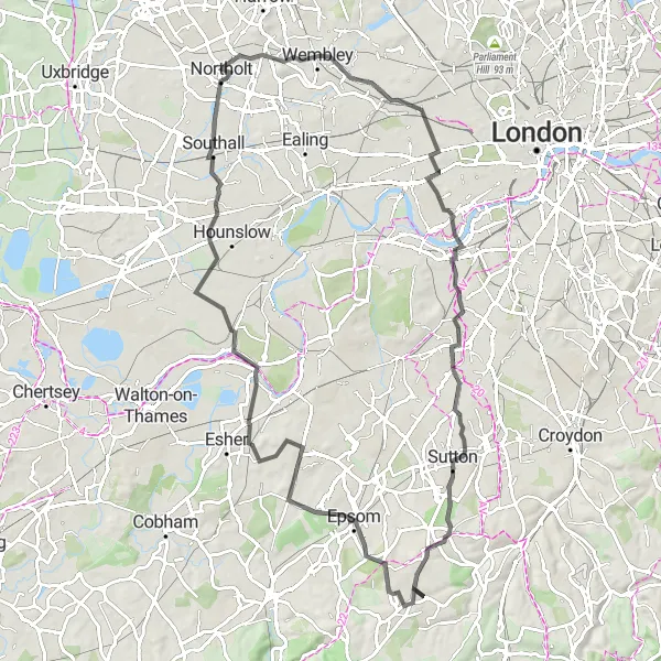 Map miniature of "Surrey Hills Road Tour" cycling inspiration in Surrey, East and West Sussex, United Kingdom. Generated by Tarmacs.app cycling route planner