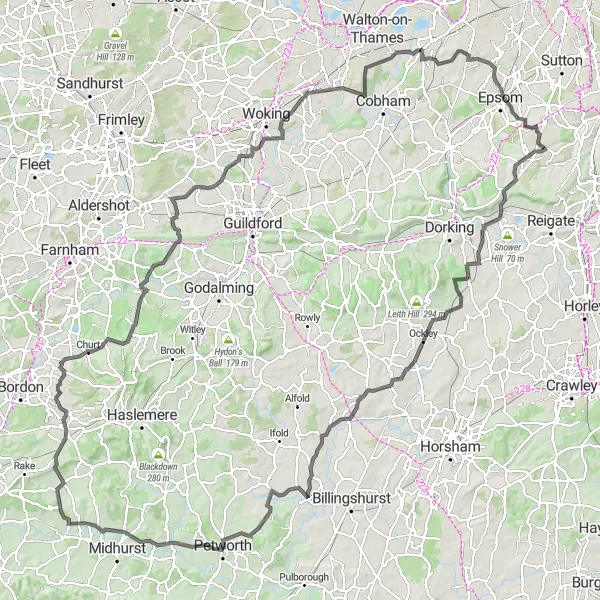 Map miniature of "Surrey Hills Experience" cycling inspiration in Surrey, East and West Sussex, United Kingdom. Generated by Tarmacs.app cycling route planner