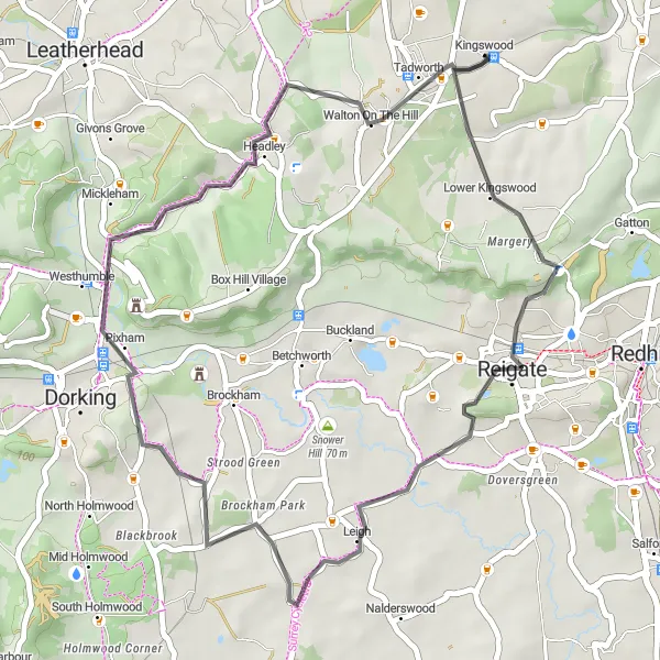 Map miniature of "The Surrey Hills Loop" cycling inspiration in Surrey, East and West Sussex, United Kingdom. Generated by Tarmacs.app cycling route planner