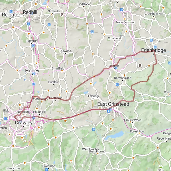 Map miniature of "Three Bridges to Tinsley Green Gravel Route" cycling inspiration in Surrey, East and West Sussex, United Kingdom. Generated by Tarmacs.app cycling route planner