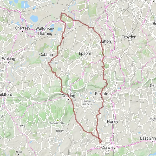 Map miniature of "The Dorking Gravel Adventure" cycling inspiration in Surrey, East and West Sussex, United Kingdom. Generated by Tarmacs.app cycling route planner