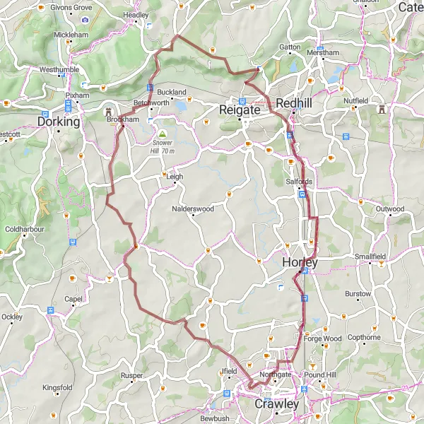 Map miniature of "Langley Green to Northgate Gravel Route" cycling inspiration in Surrey, East and West Sussex, United Kingdom. Generated by Tarmacs.app cycling route planner