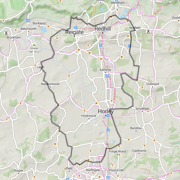 Map miniature of "The Nutfield Road Explorer" cycling inspiration in Surrey, East and West Sussex, United Kingdom. Generated by Tarmacs.app cycling route planner