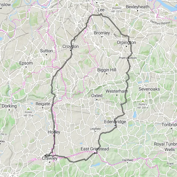 Map miniature of "The Crawley Epic" cycling inspiration in Surrey, East and West Sussex, United Kingdom. Generated by Tarmacs.app cycling route planner