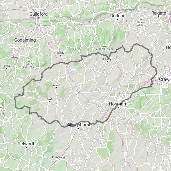 Map miniature of "Ifield to Lowfield Heath Windmill Road Route" cycling inspiration in Surrey, East and West Sussex, United Kingdom. Generated by Tarmacs.app cycling route planner