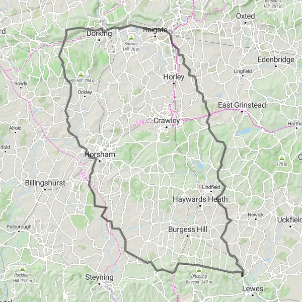 Map miniature of "The Ultimate South Downs Road Warrior" cycling inspiration in Surrey, East and West Sussex, United Kingdom. Generated by Tarmacs.app cycling route planner