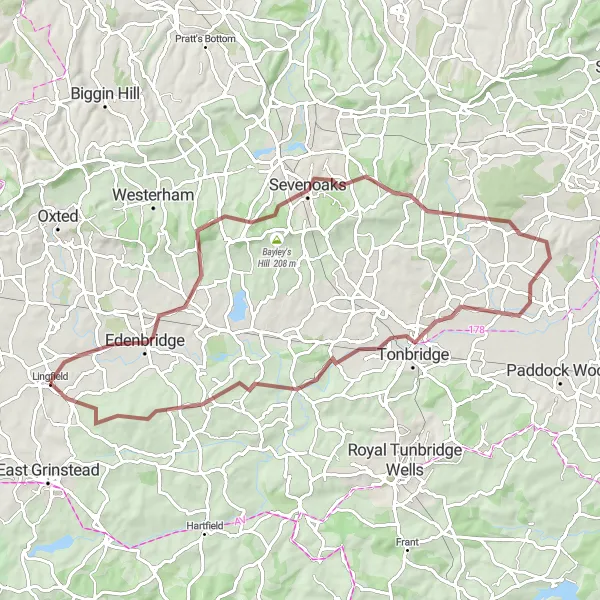 Map miniature of "Gravel Adventure: Edenbridge to Tonbridge" cycling inspiration in Surrey, East and West Sussex, United Kingdom. Generated by Tarmacs.app cycling route planner