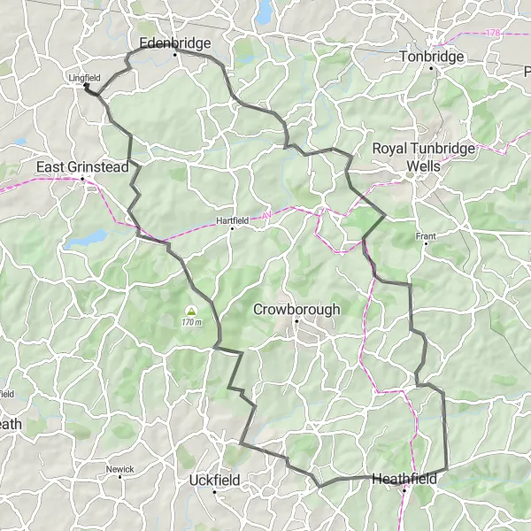 Map miniature of "Around Edenbridge and Forest Row" cycling inspiration in Surrey, East and West Sussex, United Kingdom. Generated by Tarmacs.app cycling route planner