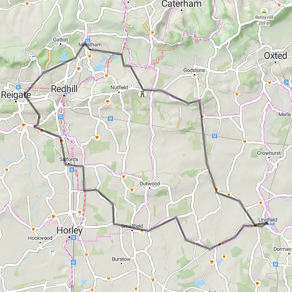 Map miniature of "Lingfield Countryside Ride" cycling inspiration in Surrey, East and West Sussex, United Kingdom. Generated by Tarmacs.app cycling route planner