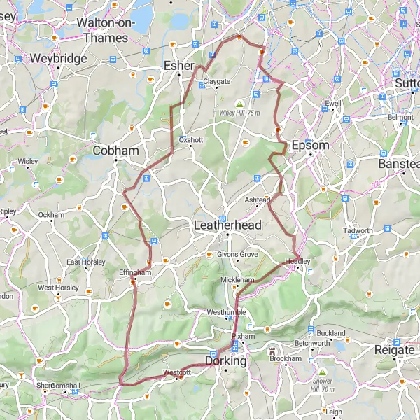 Map miniature of "The Gravel Adventure" cycling inspiration in Surrey, East and West Sussex, United Kingdom. Generated by Tarmacs.app cycling route planner