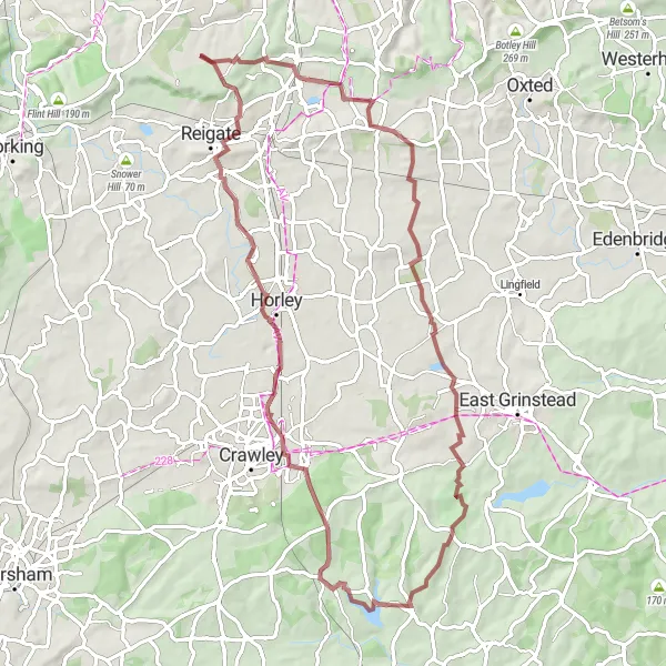 Map miniature of "Bletchingley and Reigate Hill Gravel Route" cycling inspiration in Surrey, East and West Sussex, United Kingdom. Generated by Tarmacs.app cycling route planner