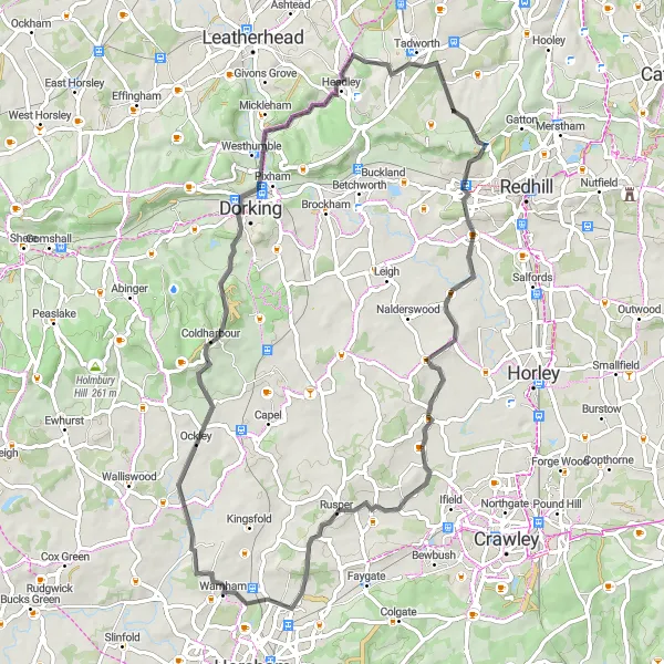 Map miniature of "The Reigate Hill Adventure" cycling inspiration in Surrey, East and West Sussex, United Kingdom. Generated by Tarmacs.app cycling route planner